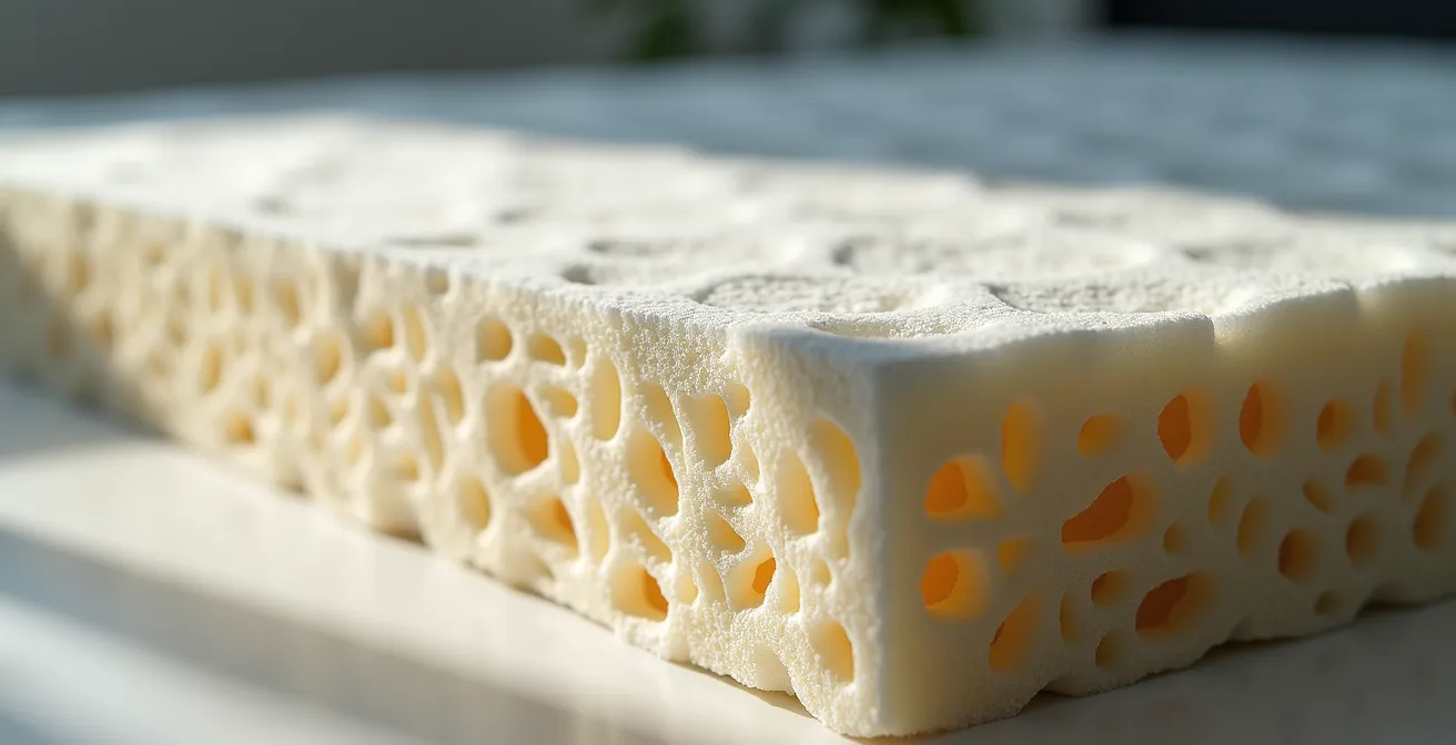 Texture détaillée d'un matelas en mousse haute densité montrant les alvéoles