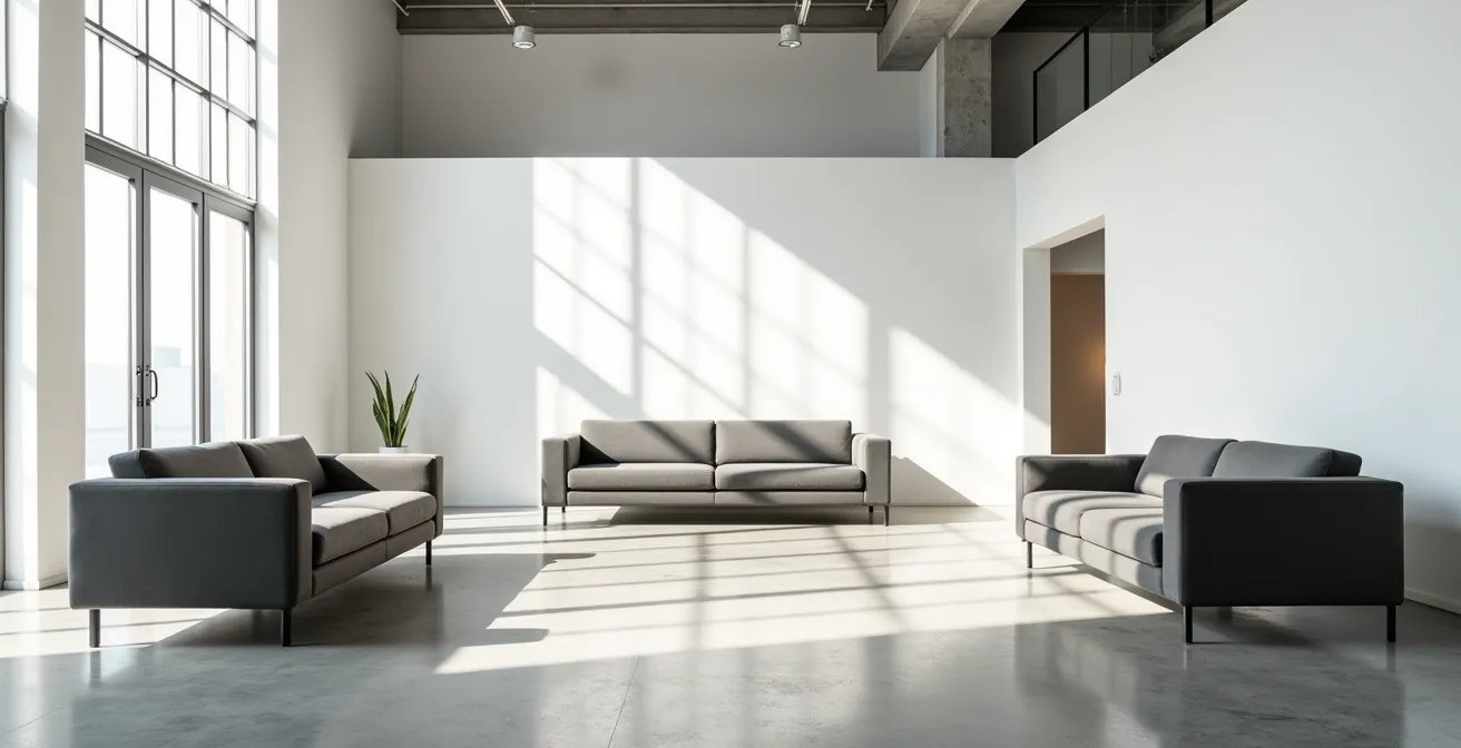 Showroom de canapés convertibles avec espace minimaliste et lumière naturelle