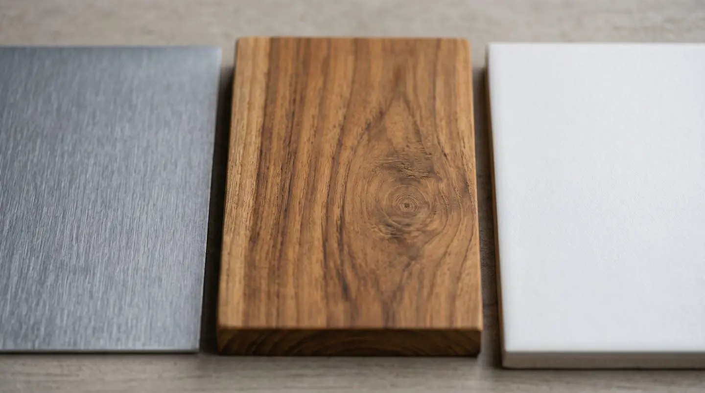 Échantillons d'aluminium brossé, de teck et de céramique, pour comparer les matériaux de table de jardin.