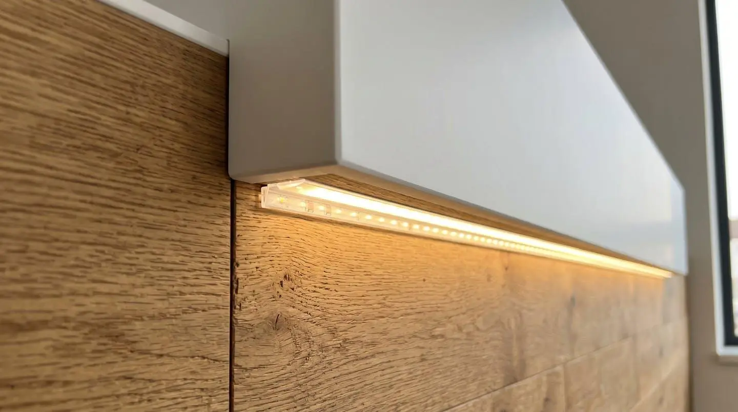 Gros plan sur finition bois naturel et bande LED intégrée sous le plateau d'un comptoir d'accueil design moderne