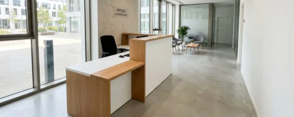 Hall d'accueil professionnel moderne avec banque design à deux niveaux intégrant zone accessible basse et plateau surélevé