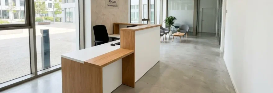Hall d'accueil professionnel moderne avec banque design à deux niveaux intégrant zone accessible basse et plateau surélevé