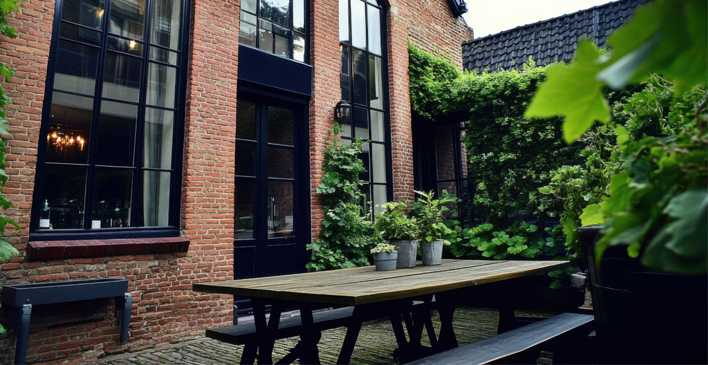 Schéma isométrique d'une table extensible avec dimensions pliée et dépliée et chaises autour.
