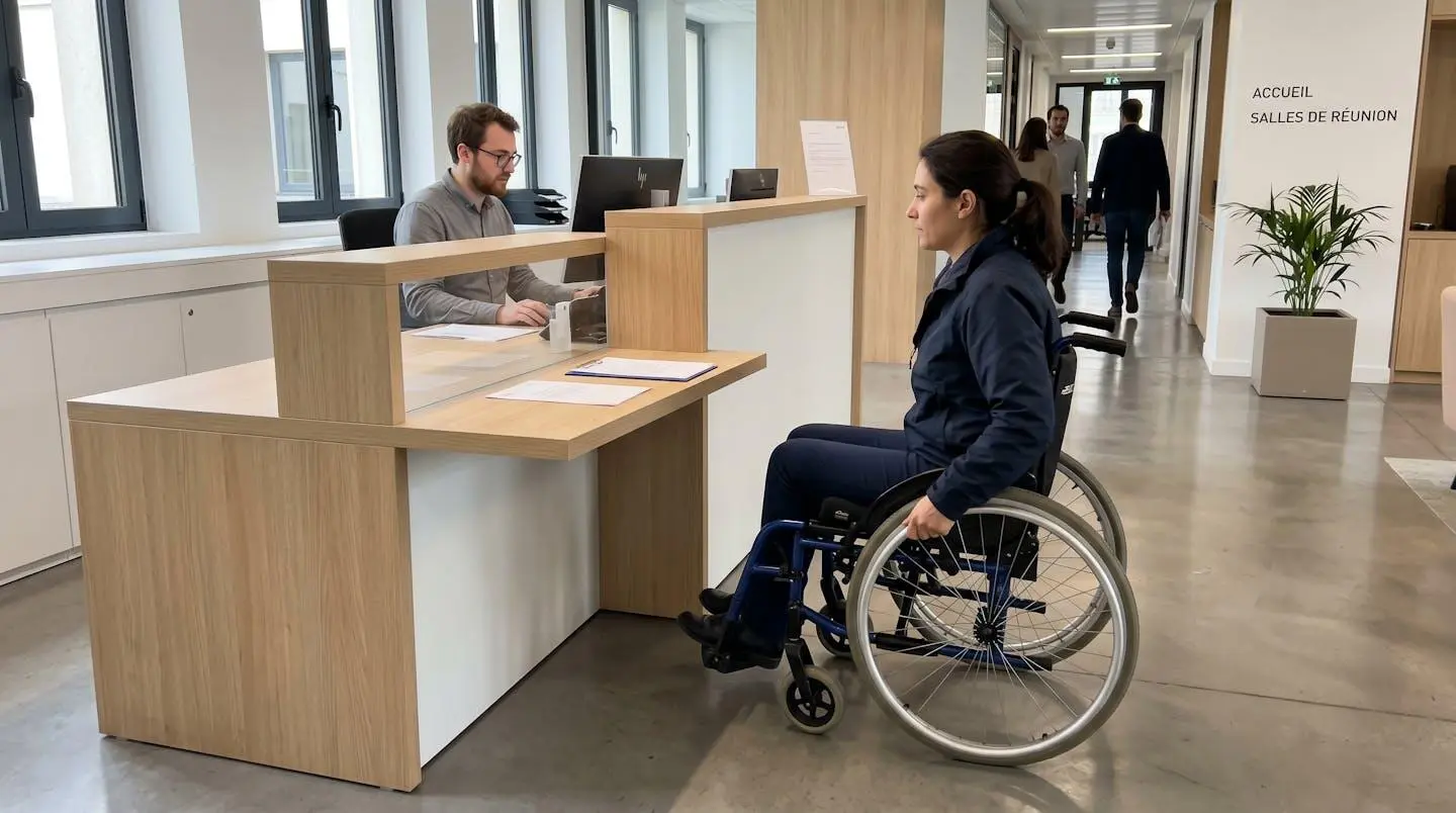 Personne en fauteuil roulant vue de profil face à un comptoir d'accueil avec zone accessible basse conforme PMR