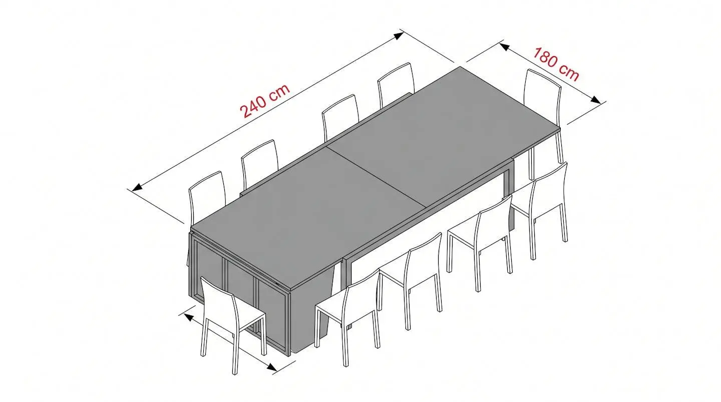 Schéma isométrique d'une table extensible avec dimensions pliée et dépliée et chaises autour.