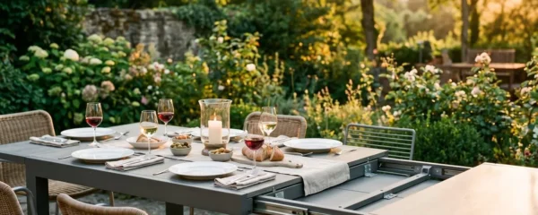 Table de jardin extensible en aluminium gris dressée pour un dîner en extérieur, lumière dorée du couchant.