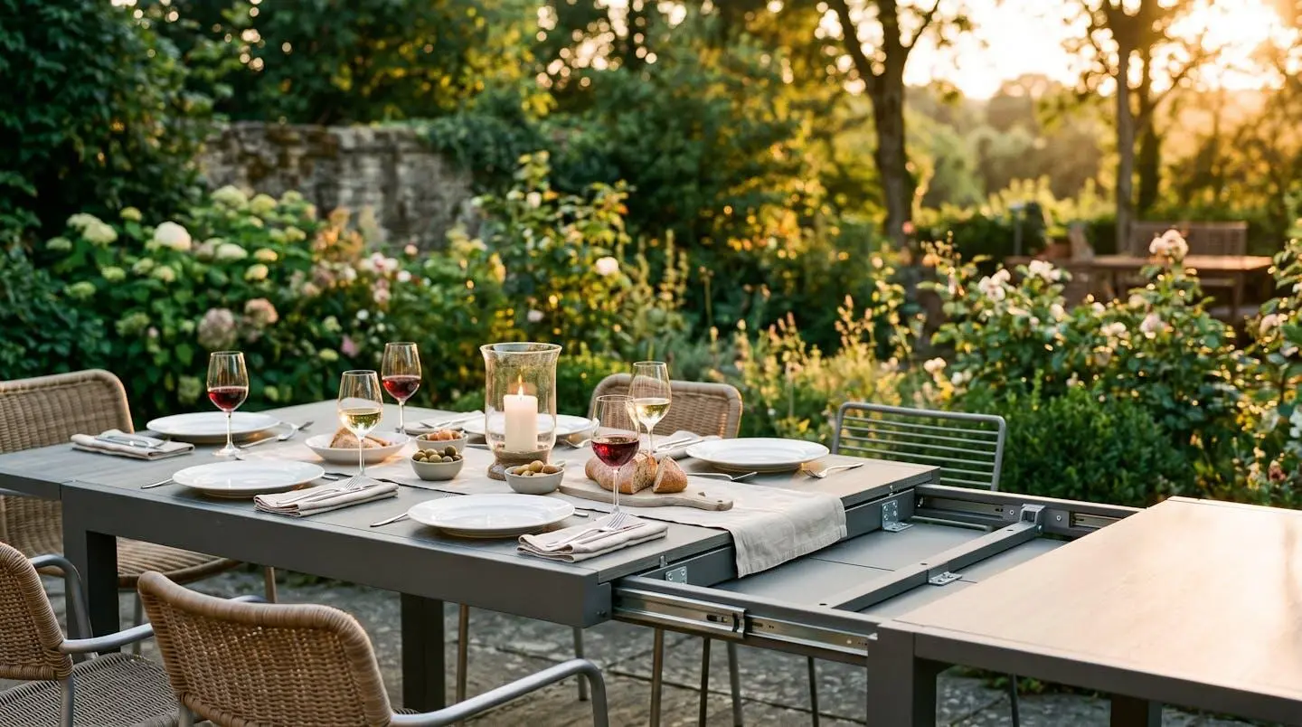 Table de jardin extensible en aluminium gris dressée pour un dîner en extérieur, lumière dorée du couchant.