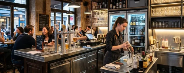 Barman professionnel travaillant derrière un comptoir de bar moderne équipé avec arrière-bar organisé, tireuses à bière et équipements de réfrigération visibles