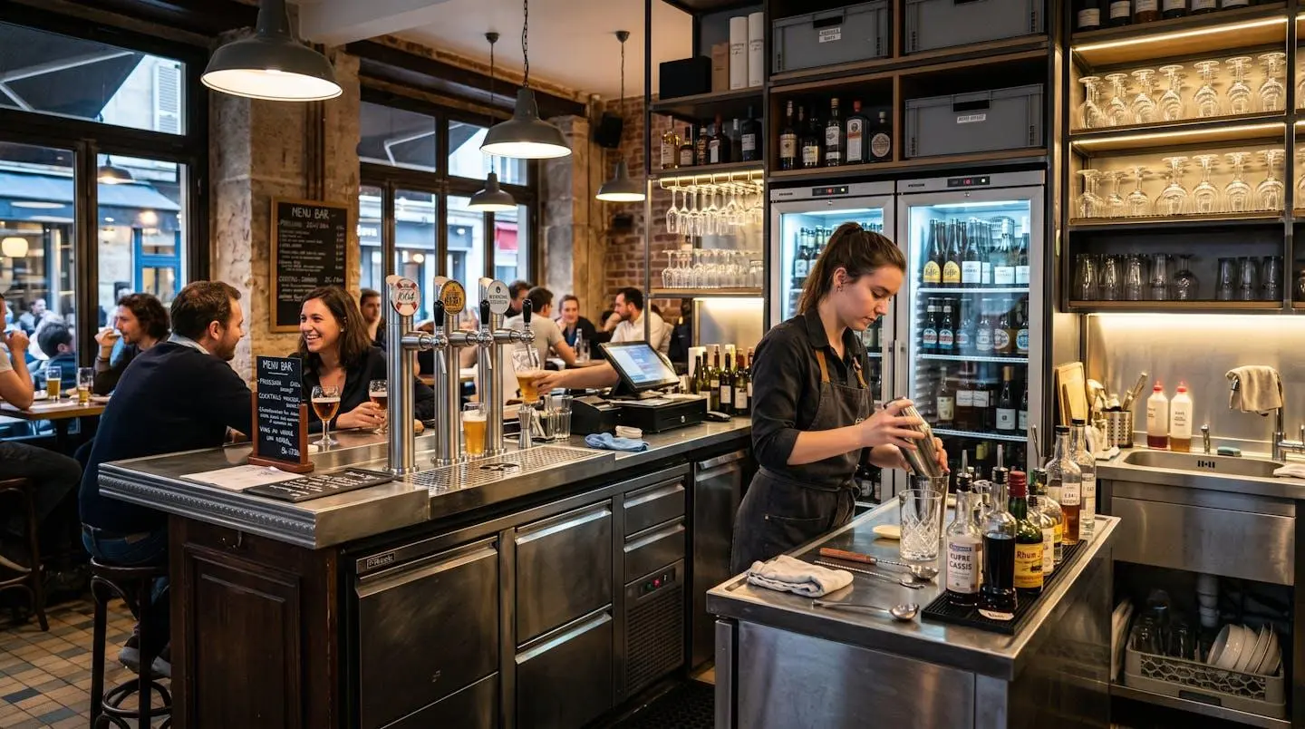 Barman professionnel travaillant derrière un comptoir de bar moderne équipé avec arrière-bar organisé, tireuses à bière et équipements de réfrigération visibles