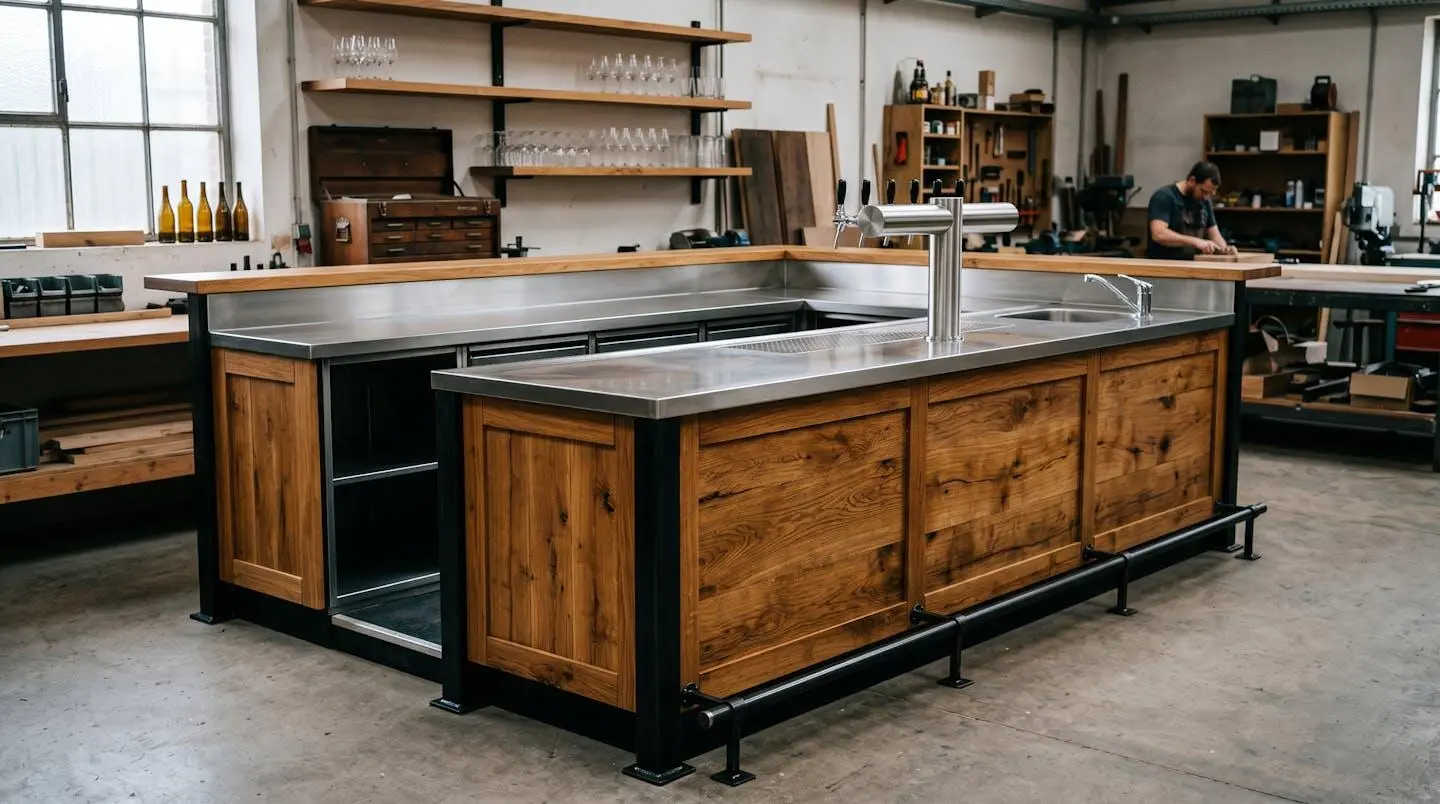 Comptoir de bar professionnel en bois et métal, rénové avec finition soignée, exposé dans un atelier de restauration
